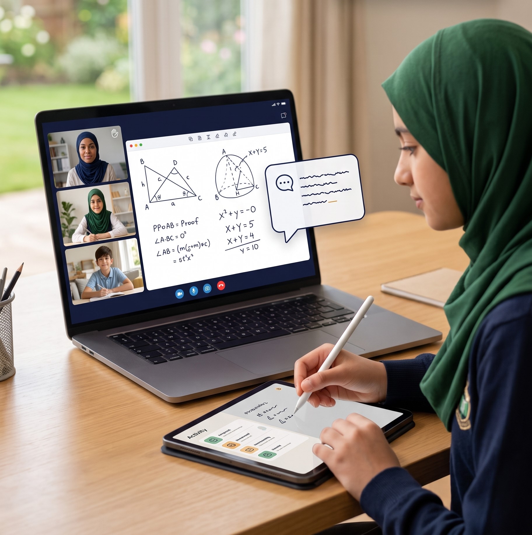 A student attending an interactive video lesson with her teacher on a laptop